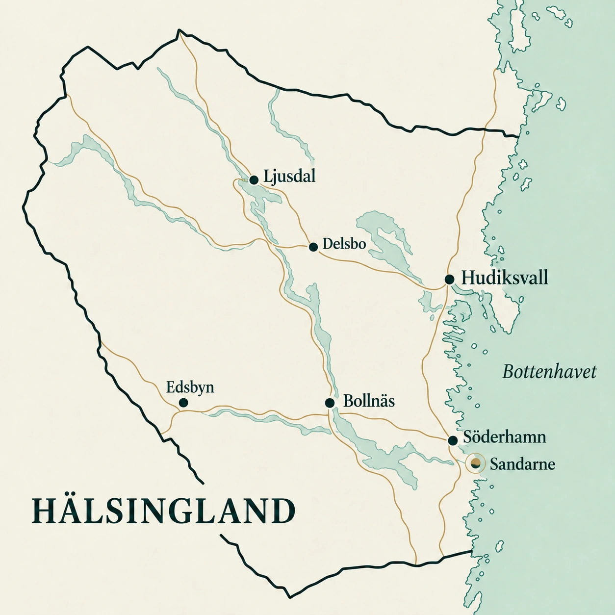 Översiktskarta över Hälsingland med vår utgångspunkt Sandarne nära Söderhamn